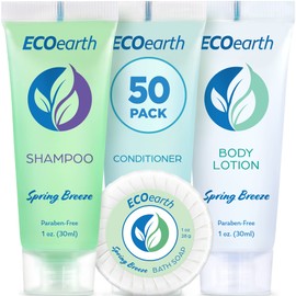 EcoEarth Hotel Toiletries Bundle (Spring Breeze, 1 oz each, 200 Pieces) 4-Piece Set: 50 Round Bar Soap, 50 Shampoo, 50 Conditioner & 50 Body Lotion - Bulk Mini Guest Amenities