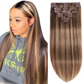 Hair Extensions Real Human Hair Clip in Hair Extensions 120g 8pcs 18inch,Soft & Natural Straight Double Weft for Women #P427 Chocolate Brown to Honey Blonde Extensions Real Human Hair Clip Ins