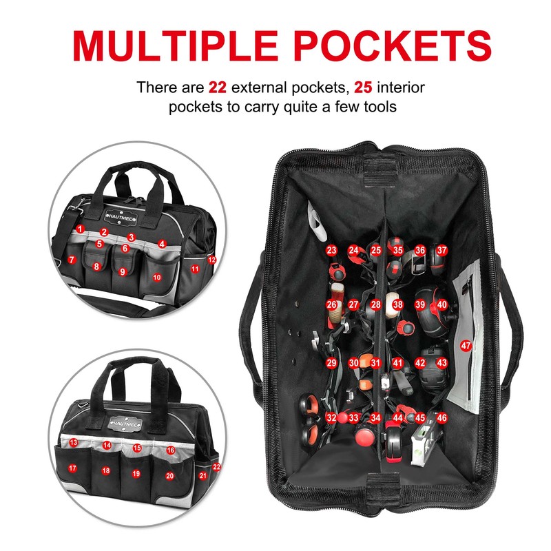 HAUTMEC Pro 16-inch Wide Mouth Tool Bag With 47 Pockets,