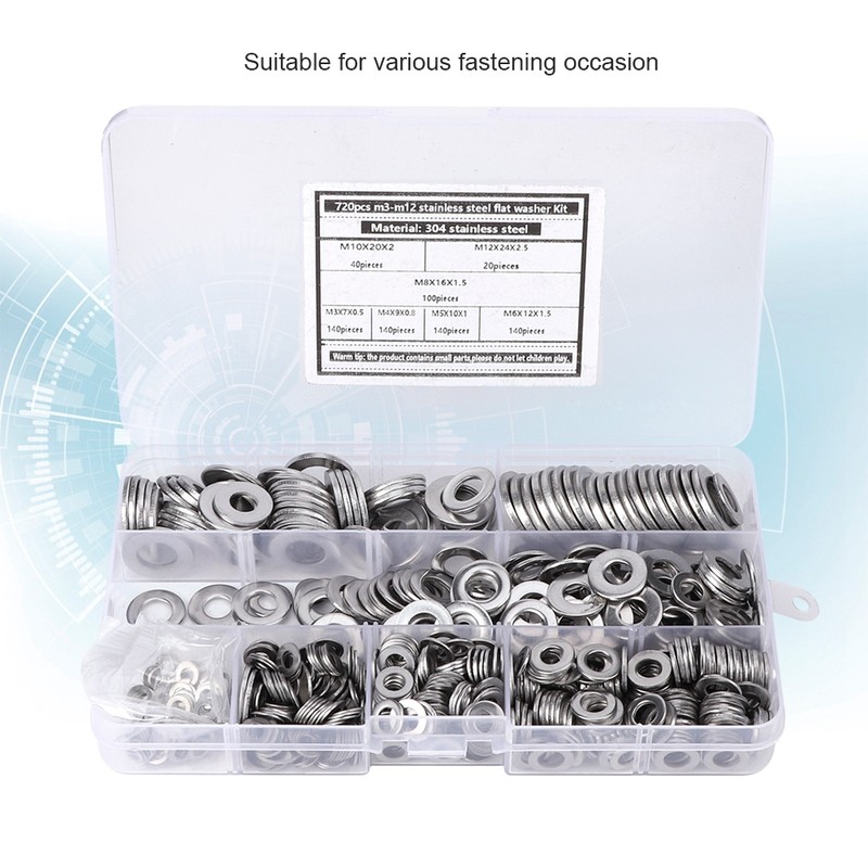720Pcs Flat Washer Kit 304 Stainless Steel Silver Spring Gasket