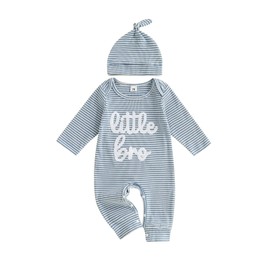 Newborn Baby Boy Onesie Clothes With Hat Little Brother Romper Jumpsuits One Piece Infant Fall Winter Outfit (Blue, 0-3 Months)