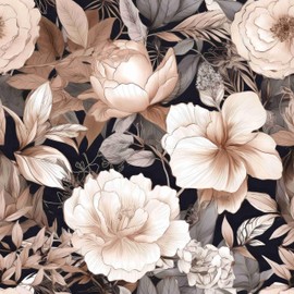 GRASKY Floral Wallpaper Peel and Stick Boho Leaf Flower Contact Paper, Self Adhesive Removable Waterproof Vintage Floral Wall Paper for Bedroom Walls Shelves Cabinet(Black,Gray,Brown) 17.71" X 236.2"