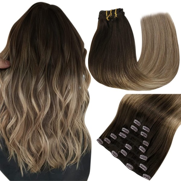 Easyouth Ombre Hair Extensions Real Hair Clips Dark Brown Mix Medium Brown and Ash Blonde Clip-On Extension Real Hair Double Wefts Real Hair Extensions Clip in 20 Inches 120 g