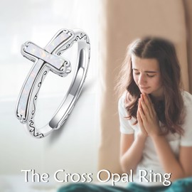 PORTCAS Jesus Cross Rings Sterling Silver Faith Opal Adjustable Wrap Opal Rings for Women Inspirational Jewelry Gifts for Women