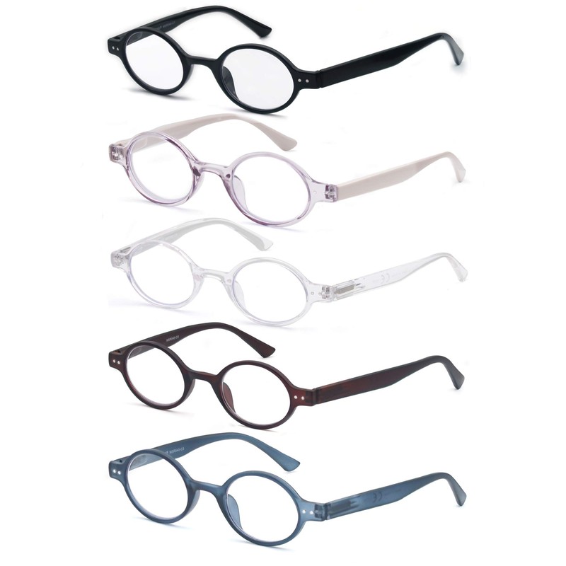 HEEYYOK 2.0 Round Reading Glasses For Women Men 5-Pack,Spring Hinge,Retro