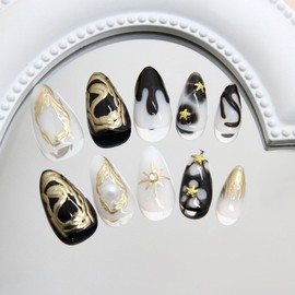 30Pcs Short Oval Press on Nails Gold Star Fake Nails Black False Nails Gel Glue on Nails 3D Irregular Design Acrylic Nails Glossy Artificial Nails Dark Style Stick on Nails for Women