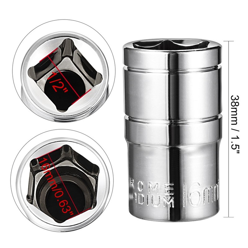 sourcing map 1/2-Inch Drive 16mm 6-Point Shallow Socket, Metric, Cr-V