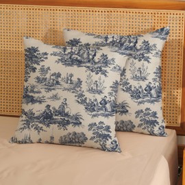 GOLIANDA French Country Pillow Covers 18x18 Set of 2 Vintage Toile Blue Throw Pillows French Country Outdoor Decorative Pillowcase Rustic Cottage Decor Linen Farmhouse Cushion Case for Couch Bed Sofa
