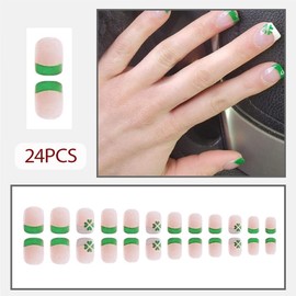 Hrnsnails St Patricks Day Nails - French Tip Press On Nails Short Square Fake Nails with Green Four Leaf Clover Design, Artificial Nails Stick On Nails for Women-24Pcs