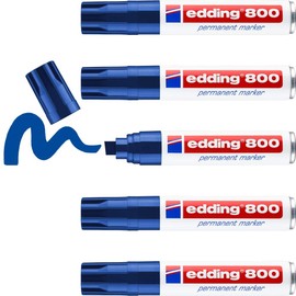 edding 800 Permanent Markers - Blue - 5 Pens - Wedge Tip 4-12 mm - for Wide Markings - Waterproof, Quick-Drying, Smudge-proof - for Cardboard, Plastic, Wood, Metal, Glass