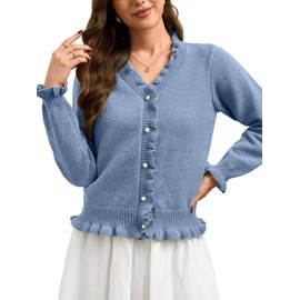 EHSUYAB Womens Trendy Ribbed Knit Cardigan Sweater, Pearl Button V Neck Ruffle Long Sleeve, Fall Winter Casual Outfits Work Blue Small