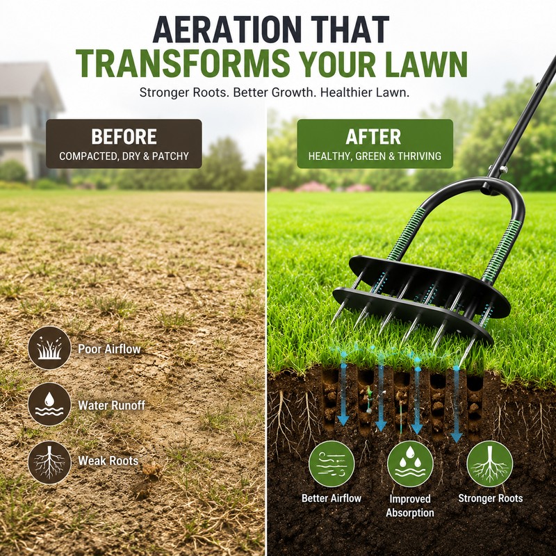 Manual Lawn Aerator for Soil Care – 15-Spike Adjustable Yard
