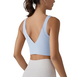 ABOCIW Sports Bras for Women V Back Longline Gym Bra Scoop Neck Medium Impact Fitness Workout Bra Athletic Yoga Crop Tank Tops Light Blue X-Large
