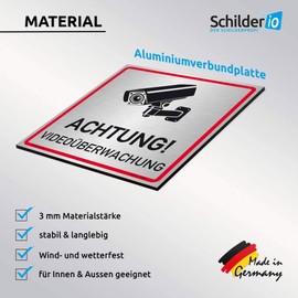 Schilderio Warning Video Surveillance Sign (20 x 20 cm Aluminium Composite) Video Surveillance Warning Sign for Identifying a Camera Surveillance, 3 mm Brushed Aluminium Composite, Includes Drill