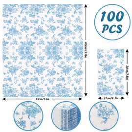 100PCS Blue Floral Paper Napkins Decorative Disposable Hand Towels for Bathroom 3 Ply for Bathroom Napkins Guest Disposable Dinner Chinoiserie Wedding Tea Party Anniversary Bridal Decorative