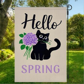 BlissYard Spring Garden Flags 12x18 Double Sided Spring Flag Spring Decorations For Home Black Cat with Hydrangea Backdrop Design Outdoor Decoration Spring Yard Flag Spring Garden Flags For Outside