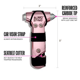 BLINGSTING Car Emergency Escape Hammer, Seatbelt Cutter, Window Breaker Tool, Interior Visor Strap, New Driver Vehicle Safety Essentials, Cute Car Accessories for Women - Black & Pink, 2 Count