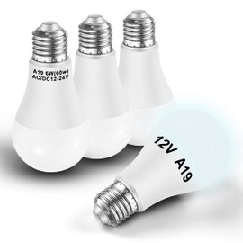 12V 24V LED Light Bulb A60 A19 50W 60Watt Halogen Equivalent 6000K Daylight White 700lm 6W E26 Standard Base for RV Camper Boat Landscape 12volt Battery Power System Off Grid Solar Lighting, 4 Pack