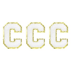 MECCANIXITY Chenille Letters C Patches Large Size 80mm/3.15 Inch Iron-on Letters C Patches Golden Glitter Embroidered Patches for Clothing, Shoes, Hats, Backpacks Pack of 3(White)