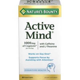 Nature's Bounty Active Mind Dietary Supplement, Supports Focus and Attention, 1000 mg Cognizin with L-Theanine and Caffeine Pills, 60 Caplets