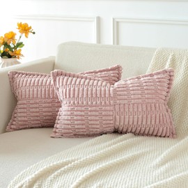 JOTOM Set of 2 Corduroy Soft Striped Cushion Covers with Splicing 30x50 cm Boho Decorative Throw Pillow Covers Lumbar Cushion Case Couch Pillowcases for Sofa Bed Home Decor 12x20 Inch (Pink)