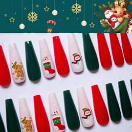 Aceorna Extra Long Press on Nails Glossy Coffin Fake Nails Snowflake Xmas Full Cover Acrylic Nail Christmas False Nails for Women and Girls 24PCS (Type D)
