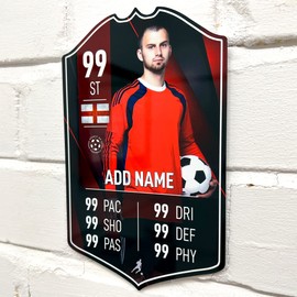 ShopQuality4U Personalise Football Cup Player Stats Card Sign - Black Red Printed Metal Shield Sign Wall Art A4 Player Add Name (28x17cm)