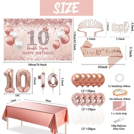 Trgowaul 10th Birthday Decorative Balloon Set Girls Arch, Rose Gold 10th Birthday Banner and Party Tablecloth, Belt and Tiara, Pink Gold 10th Balloon, Pink Birthday Cake Top, Latex Balloon * 60