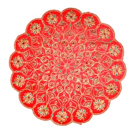 Decorative Mat Aasan Round Velvet Pooja Cloth Cloth with Sequence Work for Indian Traditional Multipurpose Pooja New Year Festival Decorations Item & Article (Size :- 17")(Red)