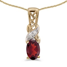 10k Yellow Gold Oval Garnet And Diamond Pendant with 18" Chain