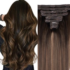 Pobokix #2/6/2 Clip In Hair Extensions Real Human Hair Straight 8Pcs Clip In Balayage Dark Brown to Chestnut Brown Human Hair Extensions with 18Clips Lace Weft 120g 18inch