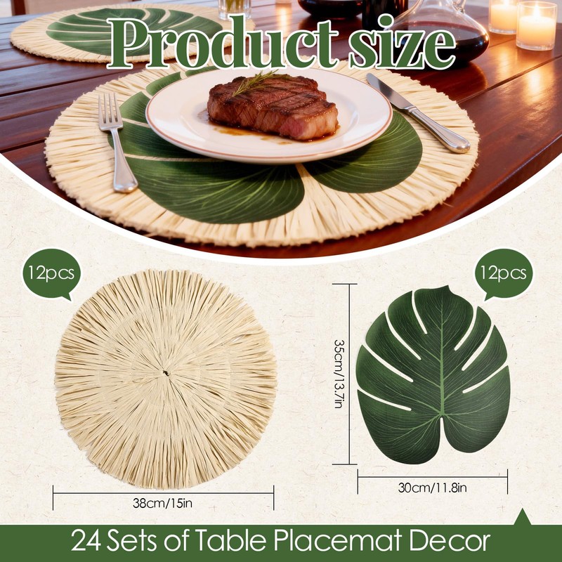 MehelloFeather 24Pcs Luau and Palm Placemats Raffia Grass Tropical Palm