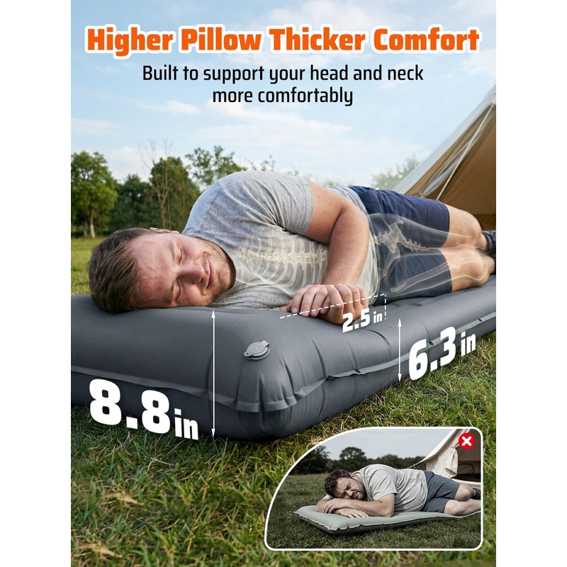 Sleeping Pad, Thick 6.3 Inch Inflatable Camping Mattress with High