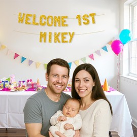 Meowoo Sparkling Gold Glitter Welcome Banner, 7.7-Inch Bold Letters, Secure Alignment with Non-Sliding Design, Perfect for Mickey First Party Decor