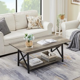 GreenForest Coffee Table Large 43.3 x 23.6 inch Rustic Farmhouse with Storage Shelf for Living Room, Easy Assembly, Gray WASH