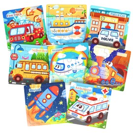 Zeoddler Wooden Puzzles for Toddlers, 8 Pack Vehicle Jigsaw Puzzles for Kids3-5, 9 Pieces Preschool Learning Activities, Learning & Educational Toys, Gift for Boys, Girls