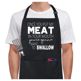 Xornis 100% Cotton Funny Apron Once You Put My Meat in Your Mouth BBQ Grill Aprons with 2 Pockets Fathers Day Gift from Daughter Bib Aprons for Men Dad Grandpa Wife Friends