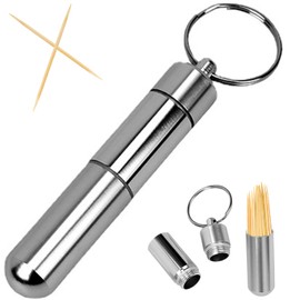 Pocket Toothpick Holder Waterproof Aluminium Alloy Toothpick Box Metal Pill Case with Key Ring, 2.8 x 0.6 Inch
