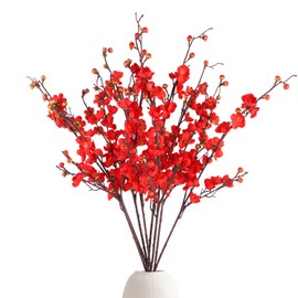 8Pcs Red Cherry Blossom Branches Artificial Flowers for Summer Autumn Indoor Decoration,Faux Flowers 36.6" Long Stems Plum Fake Peach Plants for Wedding Home Office Bedroom Party Decor (red)