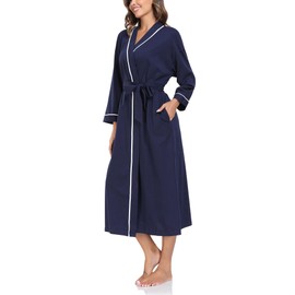 EA'S SECRET 100% Cotton Robes for Women Lightweight Long Kimono Bathrobe Soft Ladies Loungewear with Pockets, Navy Blue, X-Large
