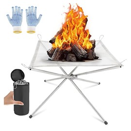 Portable Fire Pit for Camping, Outdoor Foldable Firepit Fireplace with Heat Resistant Gloves & Carrying Bag, Stainless Steel Mesh BBQ Fire Bowl for Picnics, Bonfire, Patio, Backyard, Garden