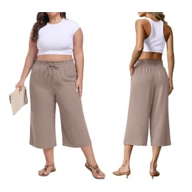 FREEOAK Womens Plus Size Wide Leg Flowy Pants High Waist with Drawstring Pockets Capri Cropped Pants for Beach Vacation 2025 Taupe Size 4X-Large