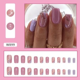 Square Press on Nails Short Fake Nails Glitter with Wave Design Violet Acrylic Full Cover False Nails Artificial Nails Glossy Glue on Nails Stick on Nails for Women Girls Art Nails 24Pcs