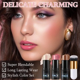 3Pcs Contour Highlighter Blush Sticks with Brush - Cream Contour Bronzer Stick for Cheeks Eyes Lips, Long Lasting Waterproof Smooth Makeup Sticks for All Skin Type Face Makeup (Set E)