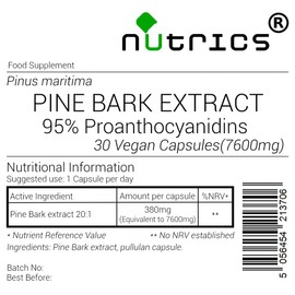 Nutrics® 7600mg French Maritime Pine BARK Extract 95% Proanthocyanidins 100% Pure 30 V Capsules (1 Month Supply) - Suitable for Vegan Vegetarian Halal Kosher (30)