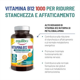 Equilibra, Vitamina B12 Metilcobalamina, Alto Dosaggio 1000 mcg per dose, 180 Compresse Masticabili, Vegan, Gusto Frutti di Bosco, Riduzione Stanchezza e Affaticamento, Normale Metabolismo Energetico
