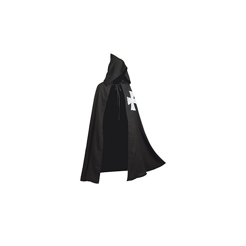 BLESSUME Medieval Knights Templar Hospitaller Hooded Cape (Black 1)