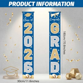 2026 Graduation Banner Congrats Grad Blue - Class of 2026 Porch Sign for Party, Porch Banner Outdoor Graduation Decorations