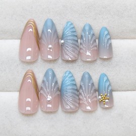 Almond Press on Nails Medium 3D Fake Nails French Tip False Nails Press ons with Design Gold Line Glue on Nail 3D Summer Blue Sea Ombre Acrylic Nails for Women Manicure
