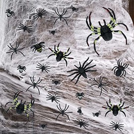 Telas de araña de 1000 pies cuadrados, decoraciones de Halloween con 77 arañas falsas, telarañas súper elásticas para Halloween, suministros de fiesta